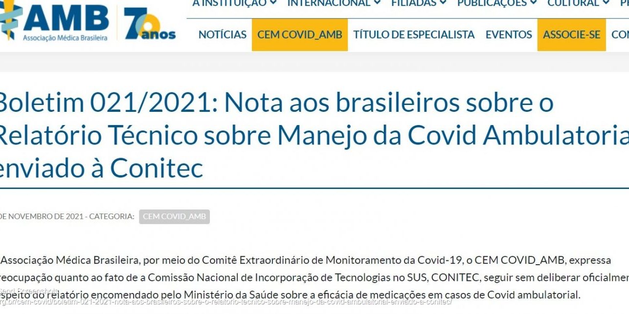 Screenshot of Boletim 021_2021_ Nota aos brasileiros sobre o Relatório Técnico sobre Manejo da Covid Ambulatorial enviado à Conitec – AMB